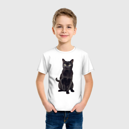 Детская футболка хлопок Черная кошка бомбейская, цвет белый - фото 3