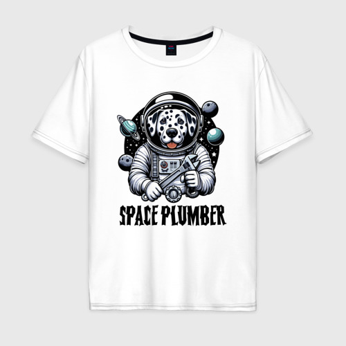 Мужская футболка из хлопка оверсайз с принтом Далматинец космический сантехник, вид спереди №1