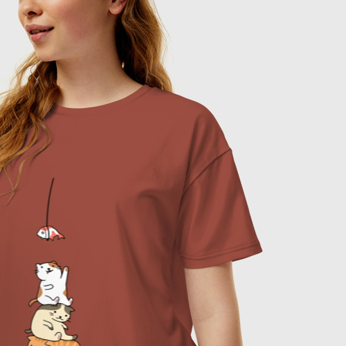 Женская футболка хлопок Oversize Котята и рыба, цвет кирпичный - фото 3