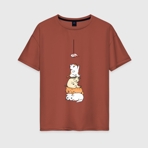 Женская футболка хлопок Oversize Котята и рыба, цвет кирпичный