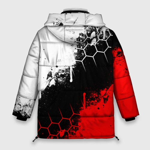 Женская зимняя куртка 3D с принтом Helldivers - бело-красные брызги, вид сзади #1