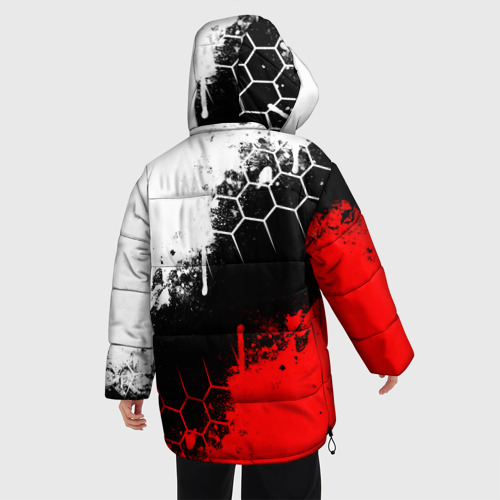 Женская зимняя куртка 3D с принтом Helldivers - бело-красные брызги, вид сзади #2