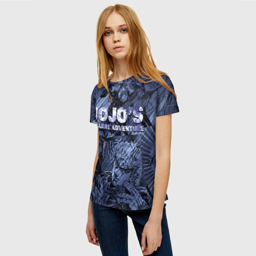 Женская футболка 3D с принтом ДжоДжо на фоне манги, фото на моделе #1