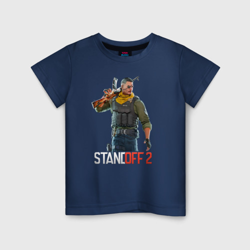 Детская футболка из хлопка с принтом Standoff 2 - character with a blindfold, вид спереди №1