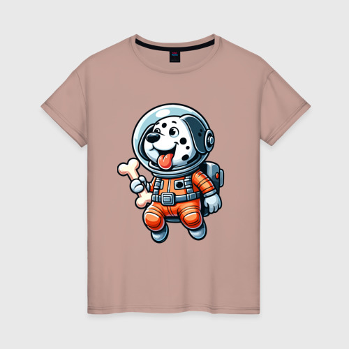 Женская футболка хлопок Dalmatian cosmonaut puppy with a bone, цвет пыльно-розовый