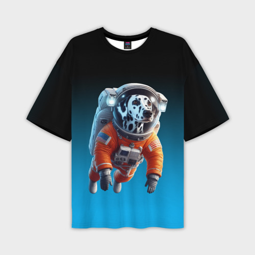 Мужская футболка оверсайз с принтом Далматинец космонавт в открытом космосе, вид спереди №1