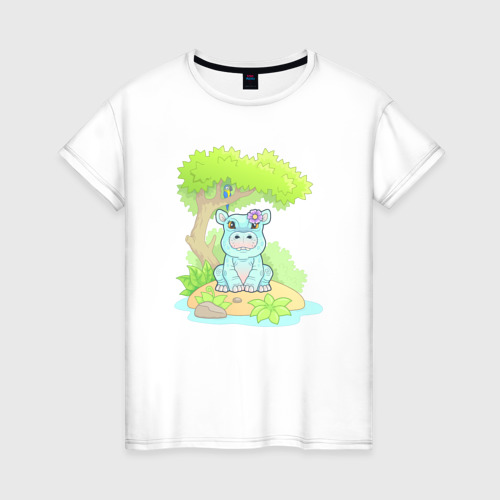 Женская футболка из хлопка с принтом Милый маленький бегемот, вид спереди №1
