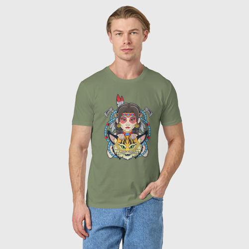 Мужская футболка хлопок с принтом Девушка индеец и рысь, фото на моделе #1