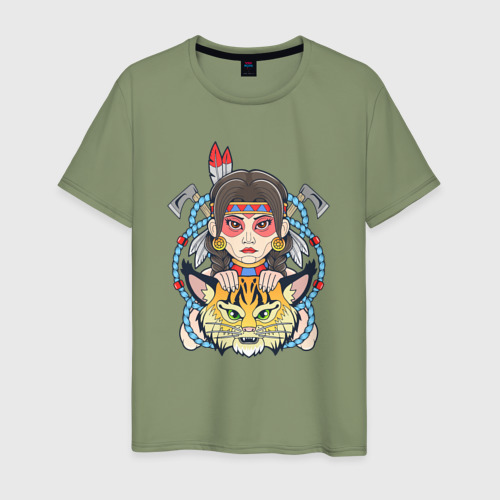 Мужская футболка хлопок с принтом Девушка индеец и рысь, вид спереди #2
