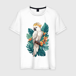Мужская футболка хлопок Попугай какаду и тропические листья