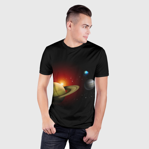 Мужская футболка 3D Slim Планеты на черном фоне , цвет 3D печать - фото 3
