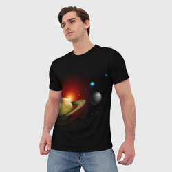 Мужская футболка 3D Планеты на черном фоне  - фото 2