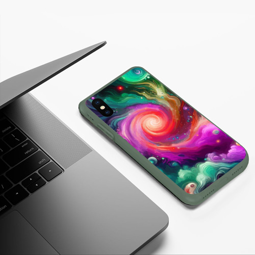 Чехол для iPhone XS Max матовый Космическая неоновая фантазия - нейросеть, цвет темно-зеленый - фото 5