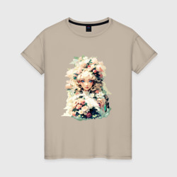 Облачные цветы и девушка – Женская футболка хлопок с принтом купить со скидкой в -20%