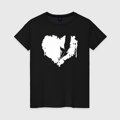 Женская футболка хлопок Сердце перья пушистый, цвет черный