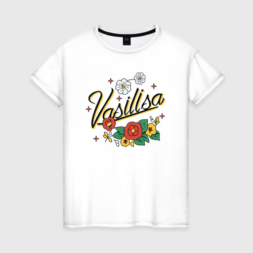 Женская футболка из хлопка с принтом Василиса имя надпись, вид спереди №1