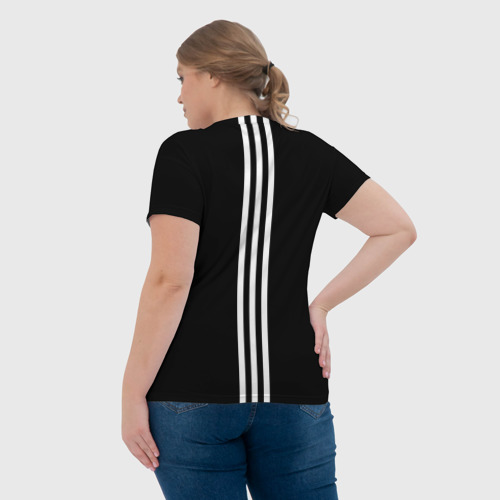 Женская футболка 3D с принтом СССР гост три полоски на черном фоне, вид сзади #2