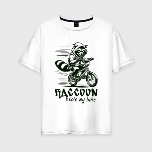 Женская футболка хлопок Oversize с принтом Енот воришка на велосипеде, вид спереди #2