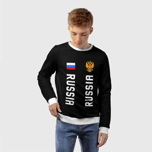 Детский свитшот 3D Россия три полоски на черном фоне, цвет 3D печать - фото 3