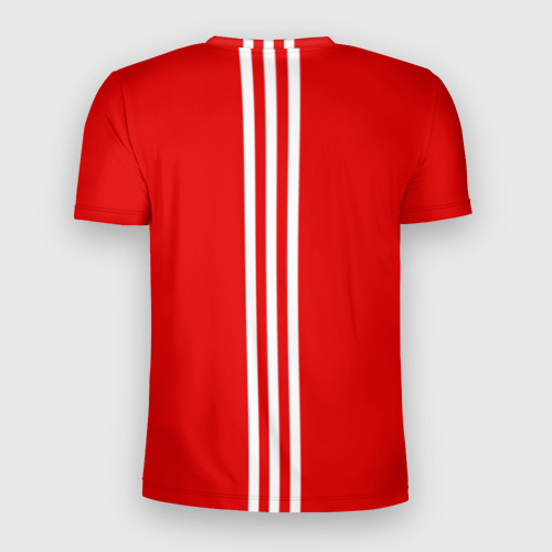 Мужская футболка 3D Slim с принтом Россия три полоски на красном фоне, вид сзади #1