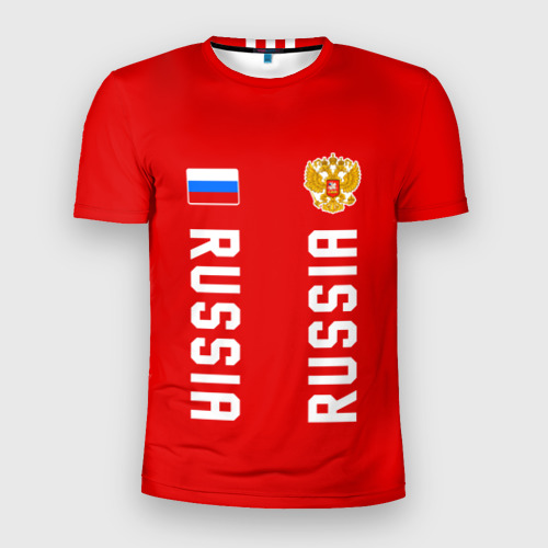 Мужская футболка 3D Slim с принтом Россия три полоски на красном фоне, вид спереди #2