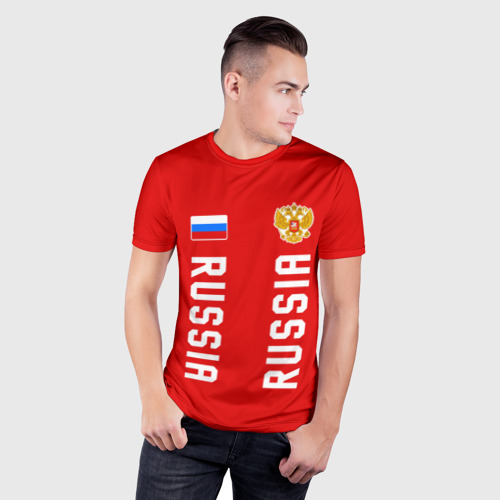 Мужская футболка 3D Slim с принтом Россия три полоски на красном фоне, фото на моделе #1
