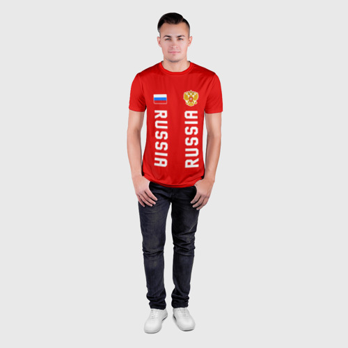 Мужская футболка 3D Slim с принтом Россия три полоски на красном фоне, вид сбоку #3