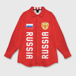 Мужская рубашка oversize 3D Россия три полоски на красном фоне