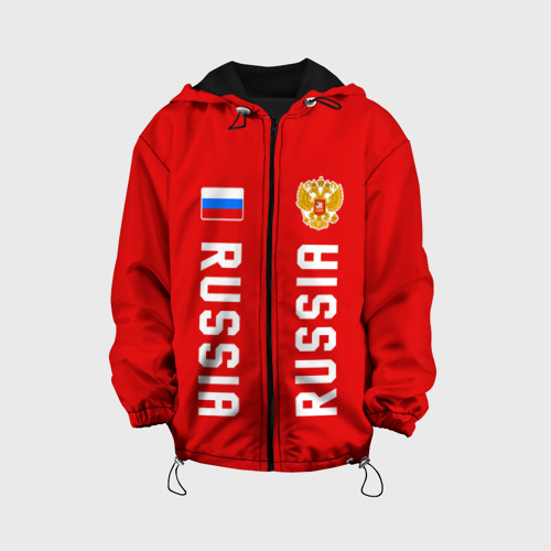 Детская куртка 3D с принтом Россия три полоски на красном фоне, вид спереди #2