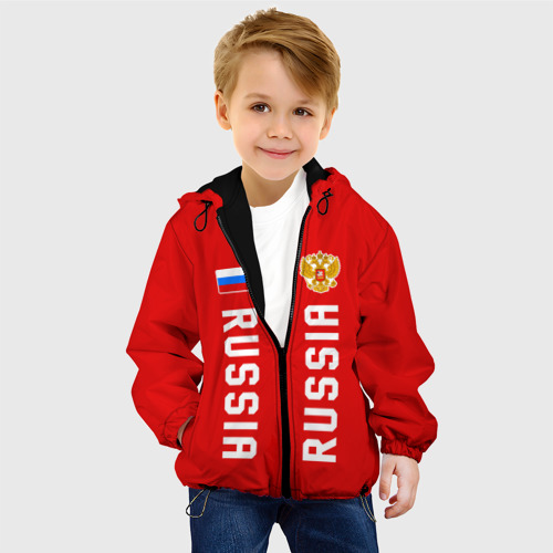 Детская куртка 3D с принтом Россия три полоски на красном фоне, фото на моделе #1