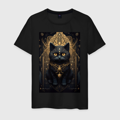 Мужская футболка хлопок Черный кот  с золотыми узорами, цвет черный