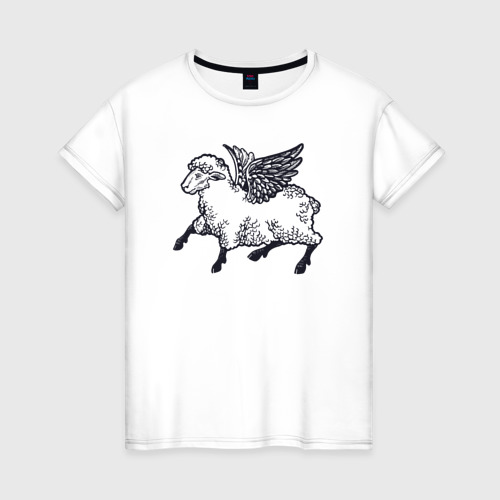 Женская футболка из хлопка с принтом Овечка ангел, вид спереди №1