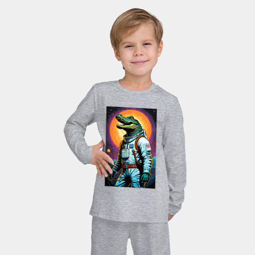 Детская пижама с лонгсливом хлопок с принтом Крокодил космонавт - нейросеть, фото на моделе #1