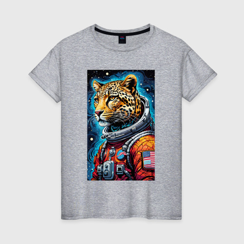 Женская футболка хлопок с принтом Леопард бравый космонавт - нейросеть, вид спереди #2