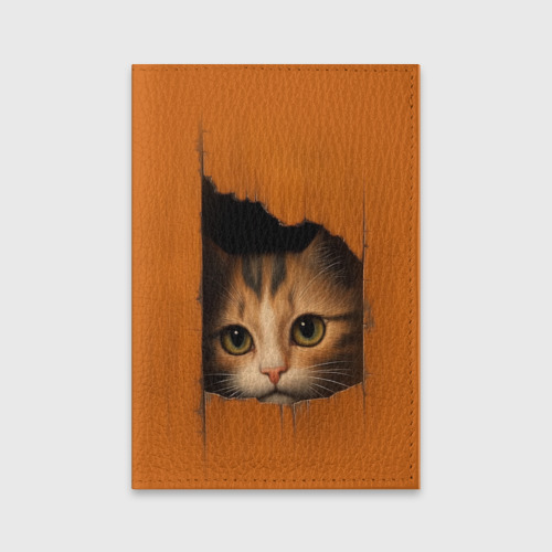Обложка для паспорта матовая кожа Кот выглядывает из деревянного  отверстия , цвет бирюзовый