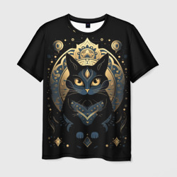 Черная кошка  с золотыми узорами  на  черном  – Мужская футболка 3D с принтом купить со скидкой в -26%