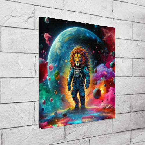 Холст квадратный Лев космонавт в неоновом космическом пространстве, цвет 3D печать - фото 3