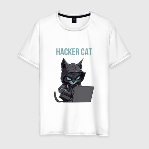 Мужская футболка из хлопка с принтом Темный кот - виртуальный воин, вид спереди №1