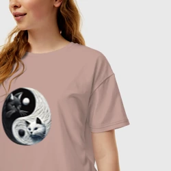 Женская футболка хлопок Oversize Коты инь и янь вязаные - фото 2