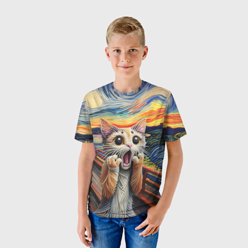 Детская футболка 3D с принтом Кот крик вязаный арт, фото на моделе #1