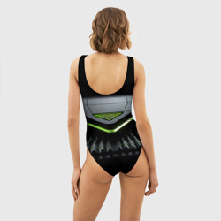 Купальник с принтом Black  green abstract nvidia style для женщины, вид на модели сзади №2. Цвет основы: белый