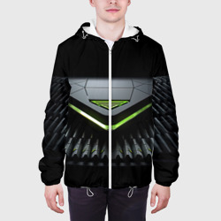 Куртка с принтом Black  green abstract nvidia style для мужчины, вид на модели спереди №3. Цвет основы: белый