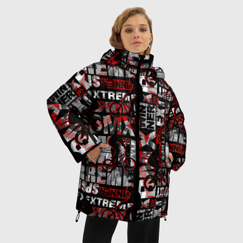 Женская зимняя куртка 3D с принтом Экстремальный велоспорт, фото на моделе #1