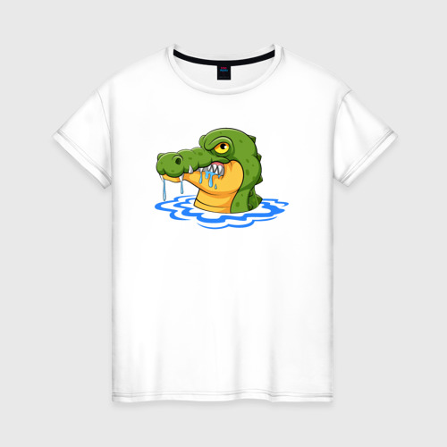 Женская футболка из хлопка с принтом Крокодил в озере, вид спереди №1