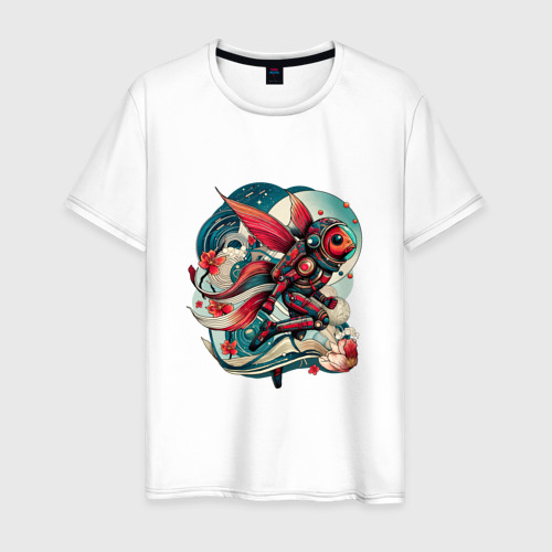 Мужская футболка из хлопка с принтом Летучая рыба-космонавт в японском стиле, вид спереди №1