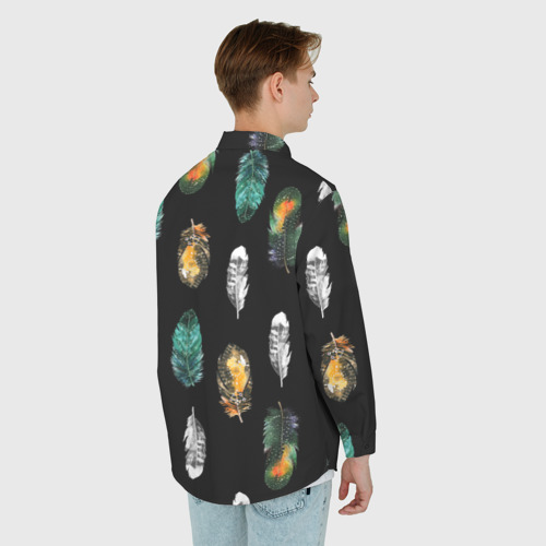 Мужская рубашка oversize 3D с принтом Перья на черном фоне, вид сзади #2