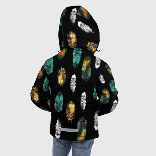Зимняя куртка для мальчиков 3D с принтом Перья на черном фоне, вид сзади #2