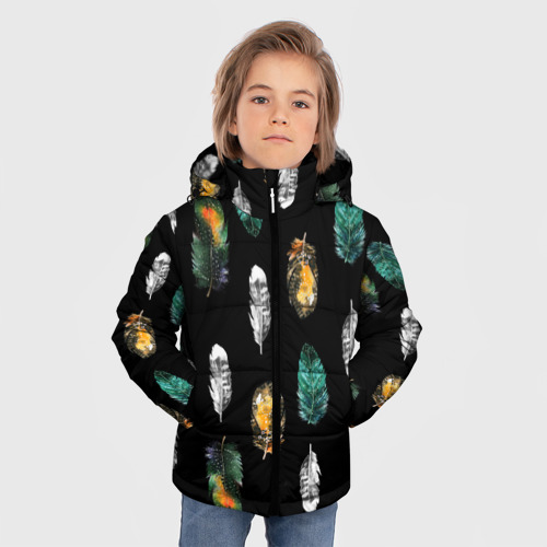 Зимняя куртка для мальчиков 3D с принтом Перья на черном фоне, фото на моделе #1