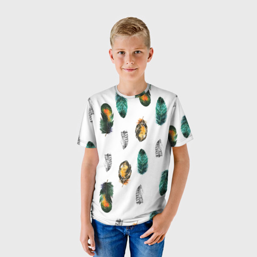 Детская футболка 3D с принтом Перья на белом фоне, фото на моделе #1