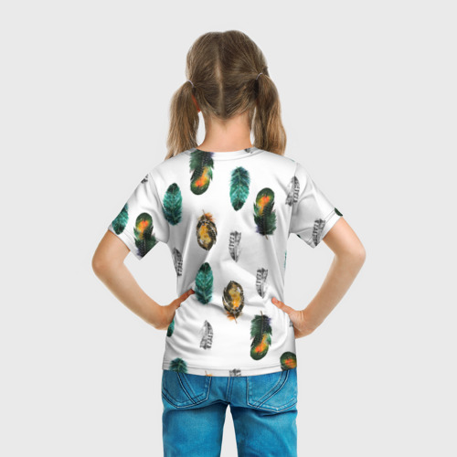 Детская футболка 3D с принтом Перья на белом фоне, вид сзади #2